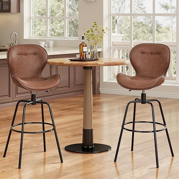 VECELO Swivel Counter Height Bar Stools Set of 2, Faux Leather Upholstered Bar Chairs with Back, Sturdy, Stylish, Easy to Clean, Barstools for Kitchen Island, Brown