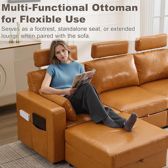 Ottoman with Storage, Faux Leather Square Storage Ottoman, Large Ottomans Foot Rest, Upholstered Foot Stools Ottomans for Modular Sectional Sofa, Coffee Table for Living Room, Brown