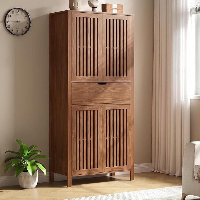 69" Tall Farmhouse Storage Cabinet with Drawer & Adjustable Shelves, Grille Door Organizer Unit, Anti-Tip Design for Bathroom, Kitchen, Living Room, Rustic Brown
