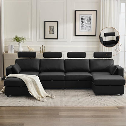 126.8" Modular Sectional Storage Sofa, Oversized Faux Leather U Shaped Couch with 2 Ottoman, Cloud Couch with Headrest & Side Pockets, Sectional Sofas for Living Room Apartment Small Spaces, Black