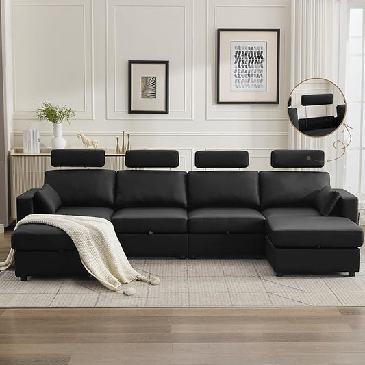 126.8" Modular Sectional Storage Sofa, Oversized Faux Leather U Shaped Couch with 2 Ottoman, Cloud Couch with Headrest & Side Pockets, Sectional Sofas for Living Room Apartment Small Spaces, Black