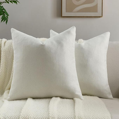 FUTEI Cream White Chenille Throw Pillow Covers 20x20 Inch Set of 2,Soft Wide Chevron Textured Cushion Case,Farmhouse Home Decor for Couch Bed Living Room