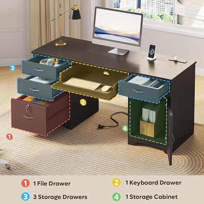Bestier 59” Office Desk with Lockable Drawers, Modern Computer Desk with File Drawer, Charging Station & Drop-Front Keyboard Drawer, Executive Desk with Storage Cabinet for Home Office & Studio, Black