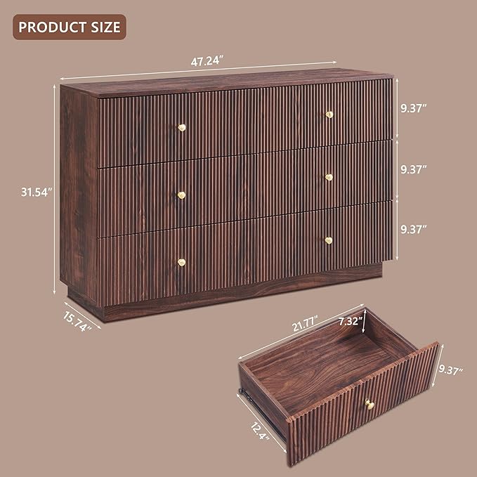 Fluted Dresser for Bedroom, 47" 6 Drawer Dressers, Wood Tall Dresser Storage Organizer, Modern Chest of Drawers with Deep Storage for Closet Hallway, Entryway, Living Room, Brown