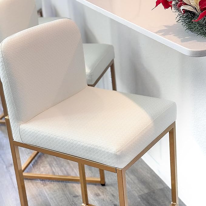 ALPHA HOME 24 Inch Bar Stools, Kitchen Counter Stools with Backs, PU Leather Barstools, White Bar Stools with Upholstered Footrest, Sturdy Chromed Metal Steel Frame, Off-White