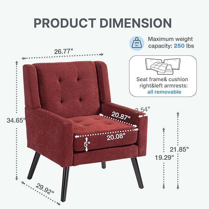 Mid-Century Modern Accent Chair, Plush Linen Fabric with Button Tufted High Back & 5" Thick Cushion, High Comfort Reading Chair for Living Room, Bedroom, Office (Red)