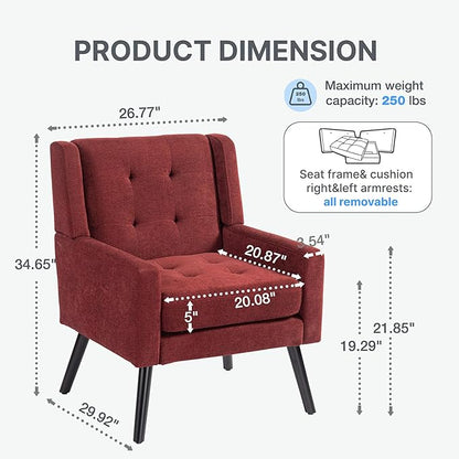 Mid-Century Modern Accent Chair, Plush Linen Fabric with Button Tufted High Back & 5" Thick Cushion, High Comfort Reading Chair for Living Room, Bedroom, Office (Red)