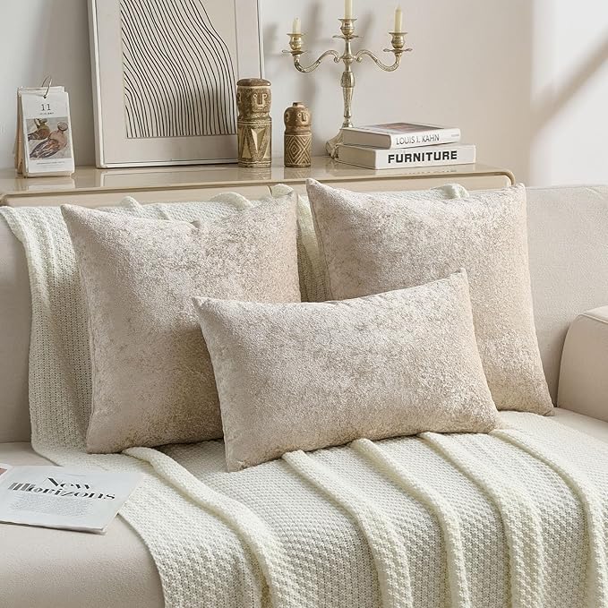 FUTEI Beige Flannel Throw Pillow Covers 18x18 Inch Set of 2,Soft Dimensional Textured Cushion Cases,Modern Home Decor for Couch Living Room