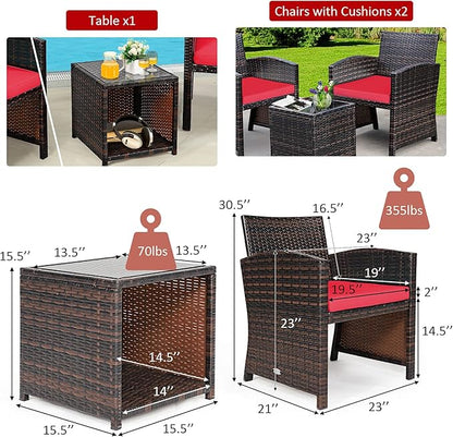 COSTWAY 3 Pieces Patio Furniture Sets, Outdoor Rattan Conversation Set with Tempered Glass Tabletop and Soft Cushion, Wicker Cushioned Chair Sofa for Backyard, Porch, Poolside, Lawn, Red