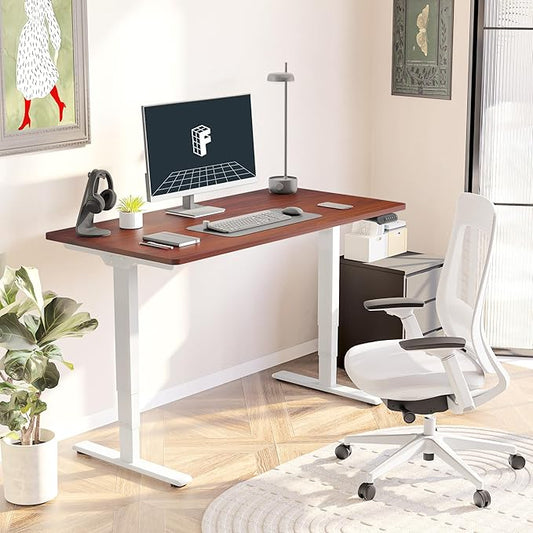 FLEXISPOT E6 3 Stages Dual Motor Electric Standing Desk 48x30 Inch Whole-Piece Board Height Adjustable Electric Sit Stand Desk(White Frame + Mahogany Desktop, 2 Packages)