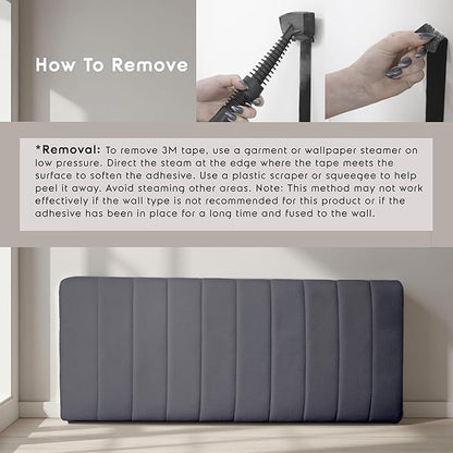 Hearth & Harbor Upholstered Queen Headboard - Easy Assemble Channel Stitched Headboard Queen Size - Wall Mounted Headboards with 3D Soundproof Wall Panels Peel & Stick Floating Headboards, Grey