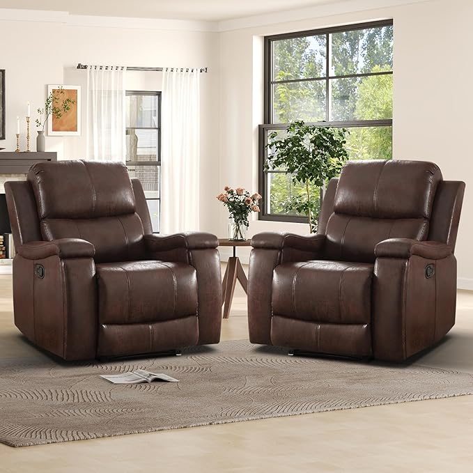 Leather Recliner Chair, Manual Recliner Chair for Adults with Overstuffed Arms and Back, Single Sofa Recliner with Cup Holders for Living Room Set of 2, Red Brown
