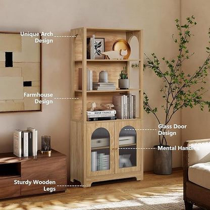 RARZOE Set of 2 Bookshelves and Bookcases, 5-Tier Arched Bookshelf with Glass Doors, Floor Standing 5 Shelf Book case, Wood Display Cabinet Storage Organizer for Living Room, Bedroom, Office(Natural)