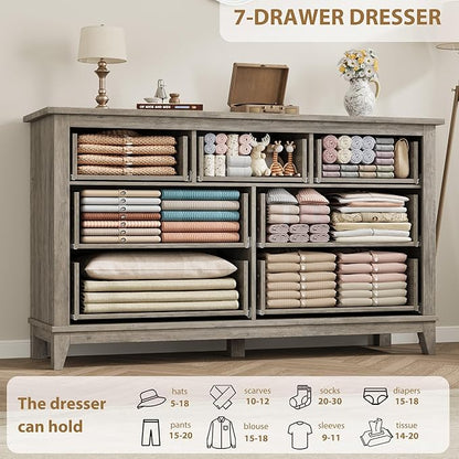 GarveeHome 7 Dresser for Bedroom, 54 in Wide Drawer Dresser with Storage Freestanding, Wooden Closet Storage Chest for Living Room, Bedroom, Entryway, Ash Grey