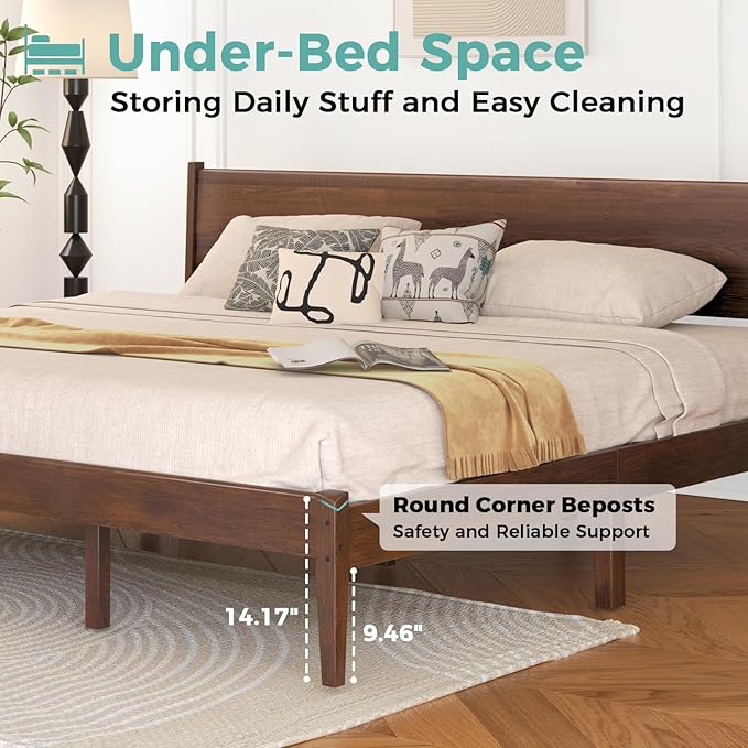 King Bed Frame and Headboard, Mid Century Platform Bed Frame, Malaysian Oak King Bedframe with Adjustable Support Legs, No Box Spring Needed, Easy Assembly, Antique Espresso