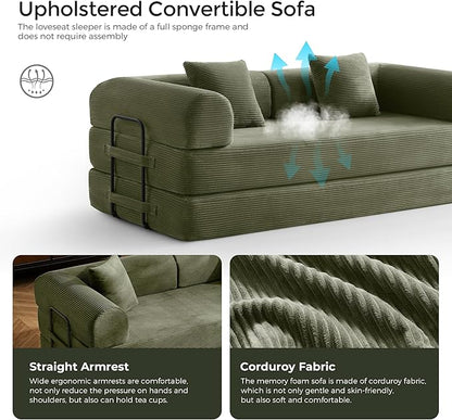 79" Convertible Sofa Bed with Fixed-Shape Frame & Removable Armrests, Modular Corduroy Sleeper Sofa, Folding Mattress Couch for Small Spaces - No Assembly Needed in Light Green (Includes 2 Pillows)