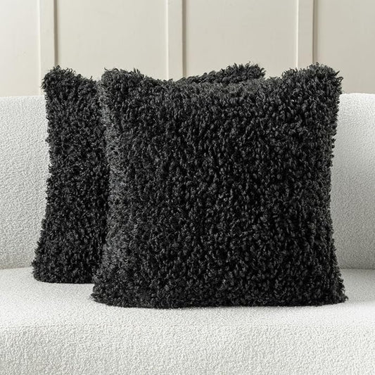 FUTEI Black Decorative Throw Pillow Covers 16x16 Inch Set of 2,Soft Fluffy Faux Wool Fur Boucle Textured Cushion Case,Modern Home Decor for Couch Bed Living Room Office
