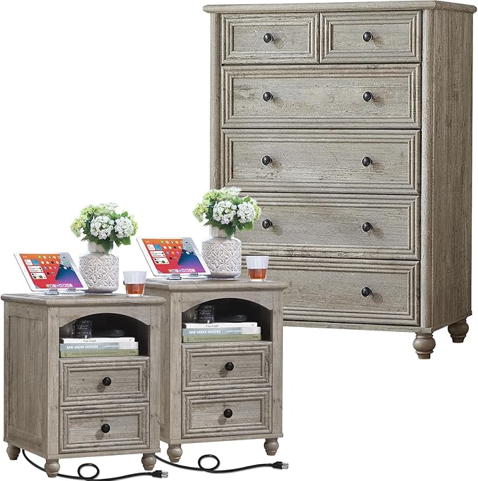 Dressers and Night Stand Set of 3, Wood 43.5" Tall Dresser and 18" Wide with Charging Station Chest of Drawers, Roman Column Nightstand Set of 2, Bedroom Furniture Dresser Suites for Home Living Room