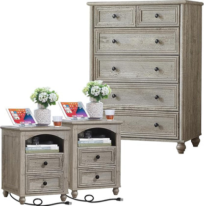 Dressers and Night Stand Set of 3, Wood 43.5" Tall Dresser and 18" Wide with Charging Station Chest of Drawers, Roman Column Nightstand Set of 2, Bedroom Furniture Dresser Suites for Home Living Room