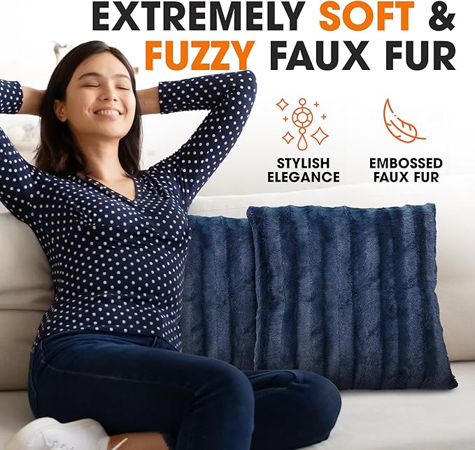 Cheer Collection Faux Fur Throw Pillows - Decorative Pillows for Couch, Bed Throw Pillows, Blue Accent Pillows for Bedroom or Living Room Aesthetic, Set of 2 Furry Throw Pillows, 26" x 26"