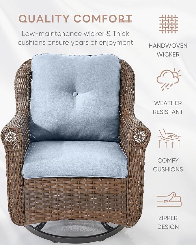 Patio Chairs Outdoor Swivel Glider - Set of 4 High Back Outside Brown Wicker Rattan Rocking Chair with Thick Cushion for Porch Apartment Deck Yard Poolside Garden - Baby Blue