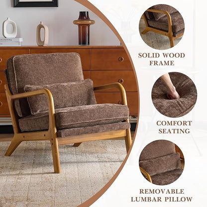 Karl home Mid Century Modern Accent Chair with Lumbar Pillow & Oak Arms – Plush Chenille Living Room Chair for Bedroom, Lounge (Brown)
