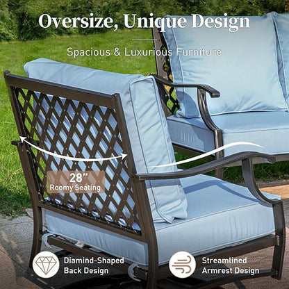 4 Piece Metal Outdoor Patio Furniture Sets, Patio Conversation Sets 1 3-seater Sofa, 2 Fixed Chair with 5.75" Extra Thick Cushion and Coffee Table, Black Frame Backyard Furniture, Blue