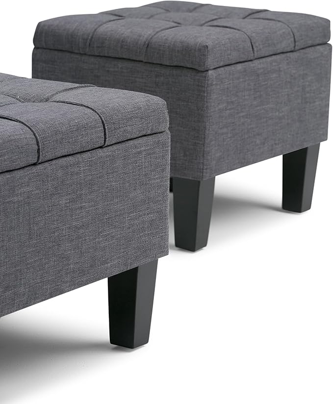 SIMPLIHOME Dover 44 inch Wide Contemporary Rectangle 3 Pc Storage Ottoman in Slate Grey Linen Look Fabric, Assembled, For the Living Room, Entryway and Family Room