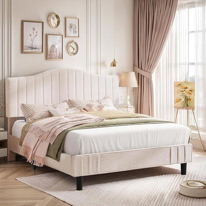 VECELO Queen Size Bed Frame Upholstered Platform Beds with Height-Adjustable Teddy Fabric Headboard, Strong Wood Slats 7.9'' Under Bed Storage Space Noise-Free No Box Spring Needed, Beige