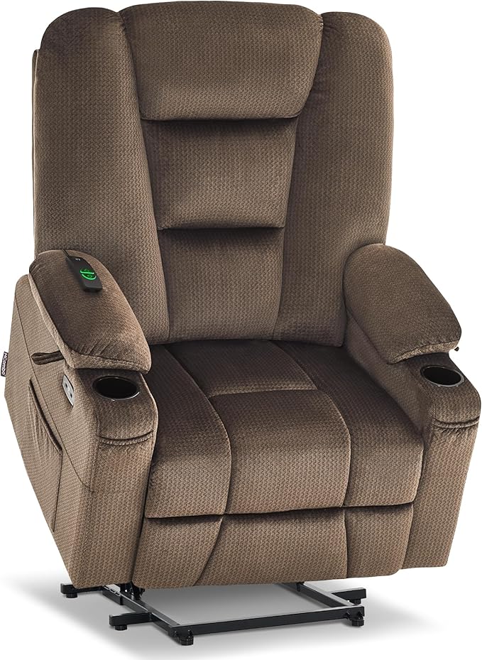 MCombo Oversized Power Lift Recliner Chair with Massage and Heat for Big and Tall Elderly People, Cup Holders, USB Ports, Side Pockets, Fabric R7541 (Brown, Large-Oversize)