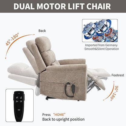 PELUMY Power Lift Recliner Chair for Elderly with Massage and Heat, Dual Motor Heavy Duty 350lbs Recliner, 8-Point Vibration & Lumbar Heating, Electric Lift Chair (Chenille, Khaki)