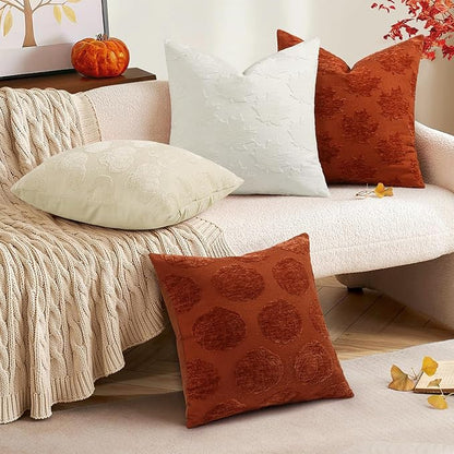 decorUhome Decorative Cream White Maple Leaf Thanksgiving Throw Pillow Covers 18x18 Set of 2, Soft Chenille Jacquard Farmhouse Textured Pillow Covers for Couch Sofa Autumn Harvest Halloween Holiday