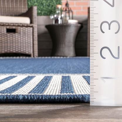 nuLOOM 8' Square Outdoor Area Rug, Casual Design with Striped Border, Stain Resistant, Highly Durable, for Patio, Balcony, Bedroom, Living Room, Dining Room, Bathroom, Navy