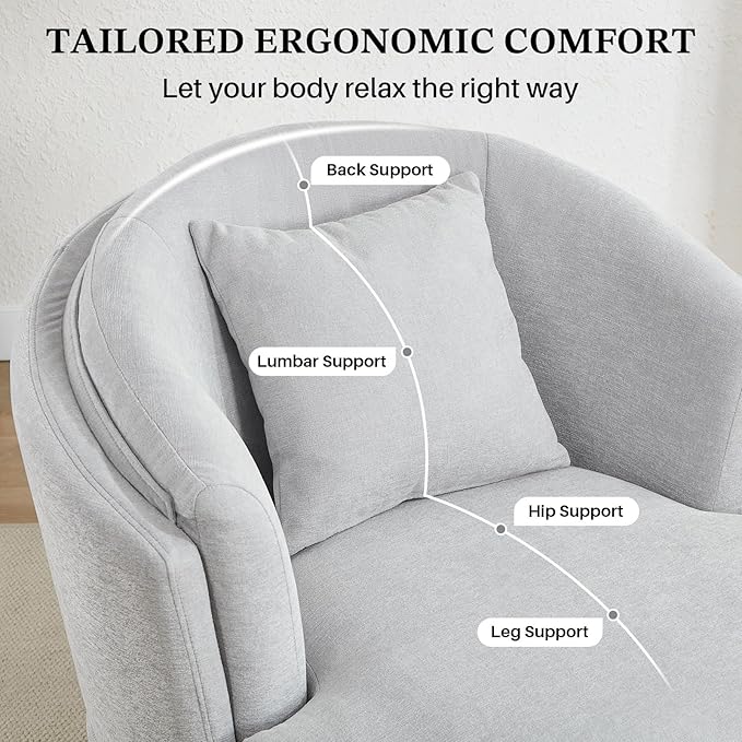Swivel Accent Chair, 360 Degree Round Swivel Barrel Chair with Pillow, Widened Upholstered Chenille Barrel Armchair for Living Room Bedroom Reading Room, Light Gray