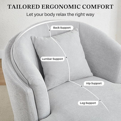 Swivel Accent Chair, 360 Degree Round Swivel Barrel Chair with Pillow, Widened Upholstered Chenille Barrel Armchair for Living Room Bedroom Reading Room, Light Gray