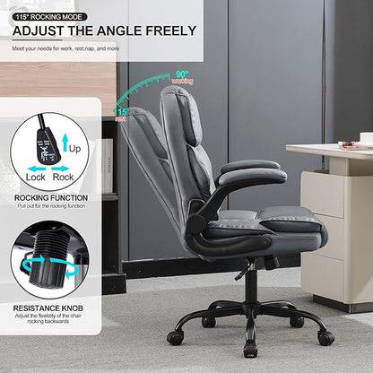 Office Desk Chair,Mid Back Executive Leather Chair,Ergonomic Home Computer Chair,Modern Conference Room Chairs with Adjustable Flip-Up Arms and Rocking Function (Grey)