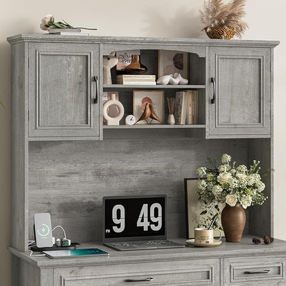Farmhouse 47" Executive Desk with Hutch, 2 Drawers and LED Light, Computer Desk with Storage Cabinet and Charging Station,Workstation for Home Office and Study.Grey