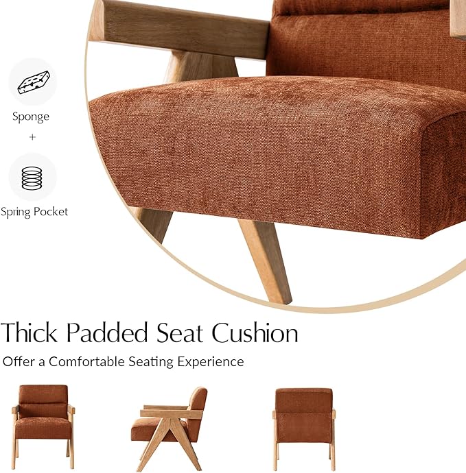HULALA HOME Modern Accent Chair, Upholstered Arm Chair with Solid Wood Frame, Comfortable Padded Seat and Back, for Living Room, Bedroom Set of 2, Rust