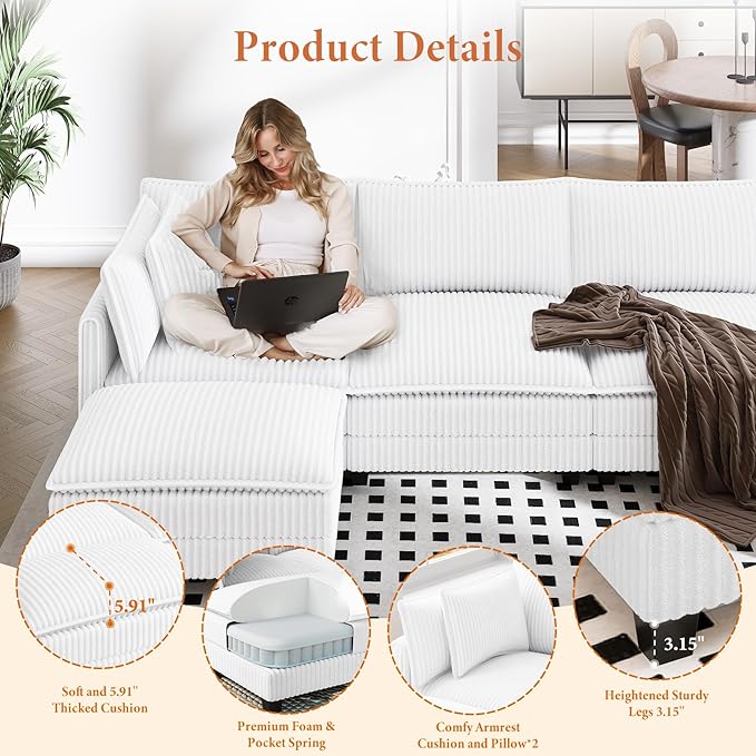 Vesgantti 109" U Shaped Cloud Sectional Sofa, Comfy Corduroy Upholstered Sectional Modular Sofas for Living Room, Modern Modular Couch with 2 Ottoman Deep Seat, Warm White