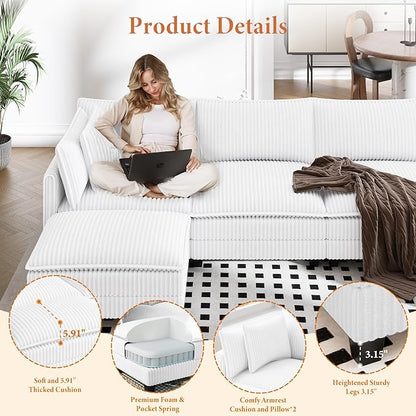 Vesgantti 143" L Shaped Modular Sectional Sofa, Comfy Corduroy Upholstered Modular Sectional Couches for Living Room, Modern Cloud Couch with Ottoman Deep Seat, Warm White