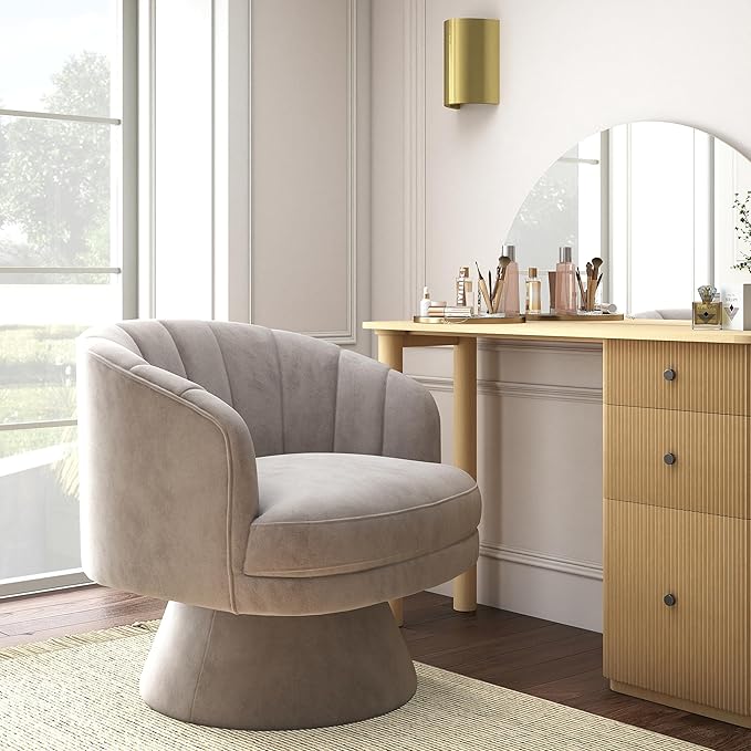 Swivel Accent Chair,Upholstered Velvet 360° Swivel Barrel Chair for Living Room Overstuffed Bouncle Reading Chair Round Armchair for Bedroom,Vanity,Office (Grey)