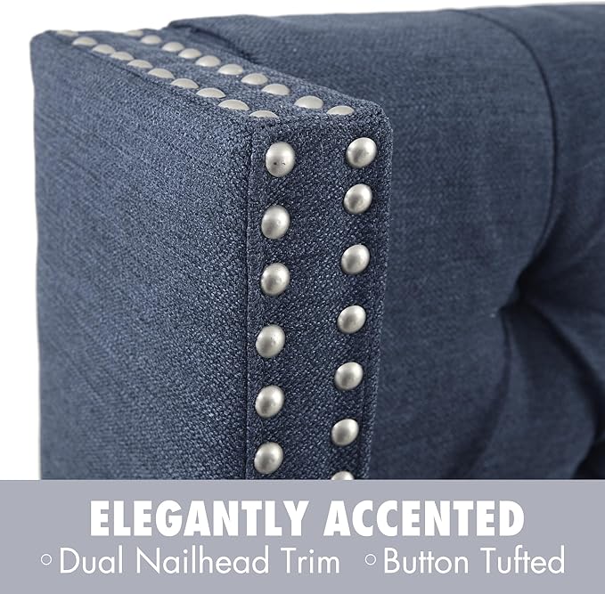 Madison Park Queen Button Tufted Headboard, Adjustable Upholstered Transitional Wingback Headboard, Nailhead Trim, Wooden Frame, Black Metal Legs, Flush Flat Back, Vintage Bedroom Décor Amelia - Navy