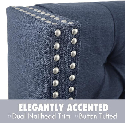 Madison Park King Button Tufted Headboard, Adjustable Upholstered Wingback Headboard, Nailhead Trim, Wooden Frame, Black Metal Legs, Flush Flat Back, Vintage Bedroom Décor - Navy Amelia