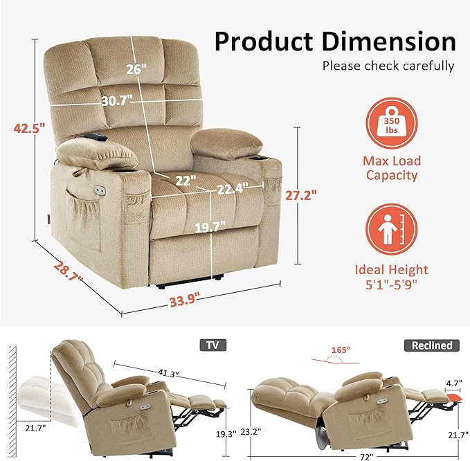 MCombo Dual Motor Power Lift Recliner Chair with Massage and Heat for Elderly People, Infinite Position, USB Ports, Cup Holders, Fabric 7679 (Medium, Beige)