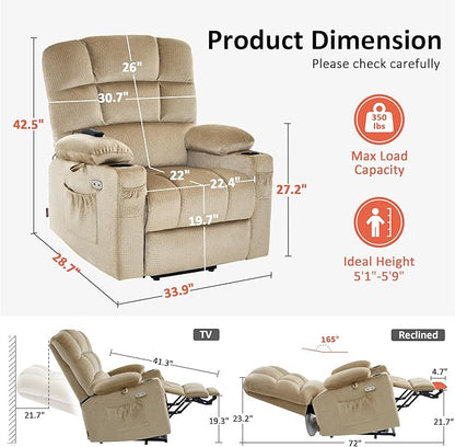 MCombo Dual Motor Power Lift Recliner Chair with Massage and Heat for Elderly People, Infinite Position, USB Ports, Cup Holders, Fabric 7679 (Medium, Beige)