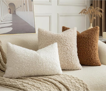 Pack of 2 Curly Teddy Wool Faux Fur Throw Pillow Covers Fuzzy Accent Soft Sherpa Pillowcases Sheepskin Fleece Decorative Cushion Case for Sofa Couch Living Room 24x24 Inch Neutral White