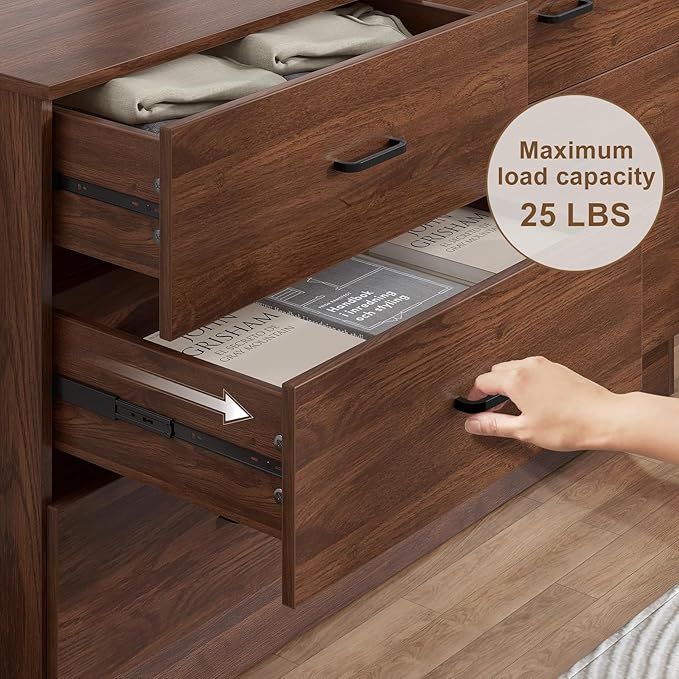 Bigbiglife Wood Dresser for Bedroom, 6 Drawer Double Dresser, Mid Century Modern Chest of Drawers with Deep Drawers, Large Storage Organizer for Living Room, Closet(Walnut Brown)