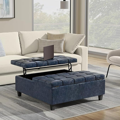 SIMPLIHOME Harrison 40 inch Wide Transitional Square Large Coffee Table Storage Ottoman in Denim Blue Vegan Faux Leather, Assembled, for The Living Room and Bedroom