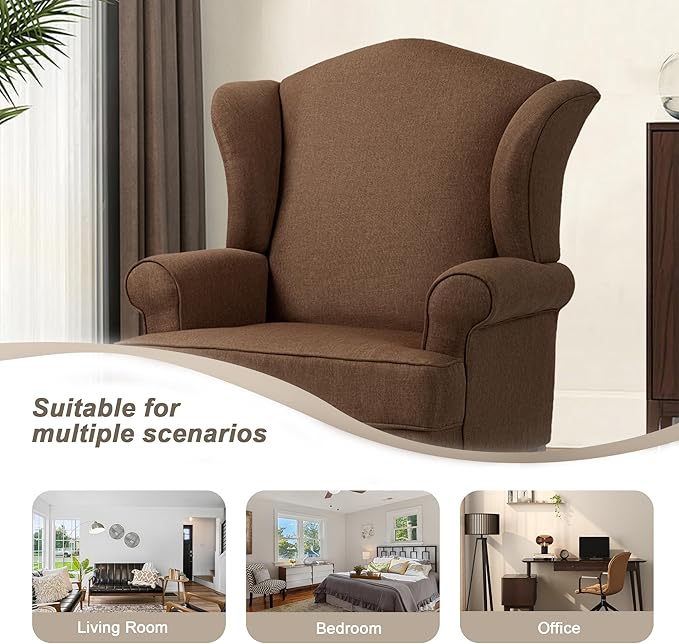 Pia Ricco High Back Floral Accent Chair, Upholstered Fabric Armchair with Solid Wood Legs - Retro Living Room Reading Chair, Comfortable Single Sofa Seat-Coffee