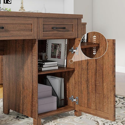 Farmhouse 61'' Executive Desk with 5 Drawers, Rustic Office Desk Computer Desk with Charging Station, File Drawers and Storage Cabinet, Wood Workstation for Study and Home Office, Red-Brown.